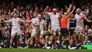<p>Georgian players celebrate after their 2022 autumn international victory over Wales. Picture: Harry Trump/Getty Images</p>