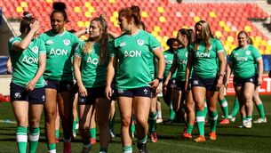 <p>Molly Scuffle-McCabe with Grace Moore, Neve Jones and Niamh O'Dowd during the captain's run before Ireland's Six Nations clash with France in Le Mans. Picture: ©INPHO/Ben Brady</p>