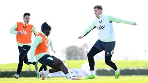 <p>Evan Ferguson, right, with Festy Ebosele and Jamie McGrath, left, during an Ireland training session. Picture: Stephen McCarthy/Sportsfile</p>