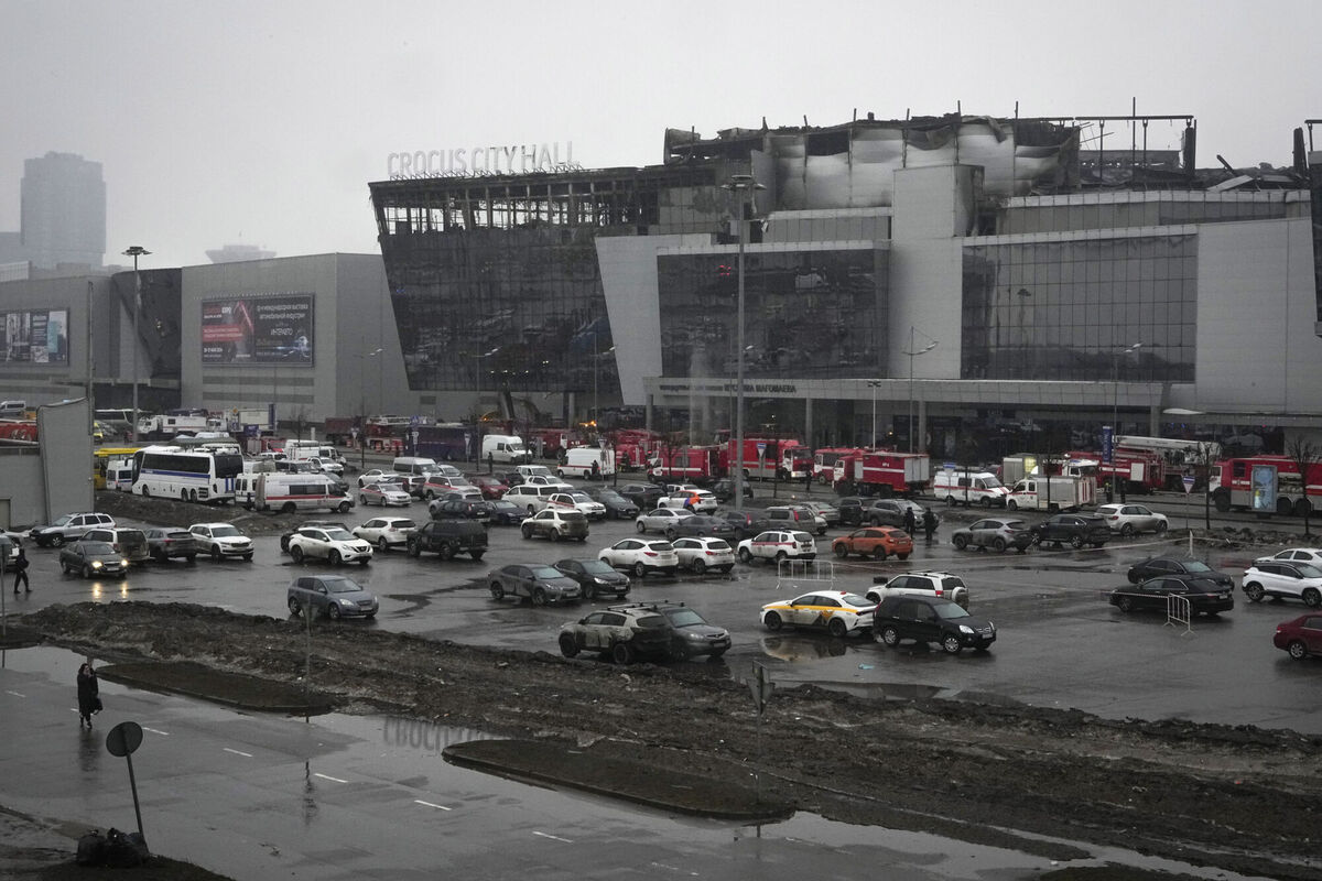 A view of the burnt Crocus City Hall after an attack, on the western edge of Moscow, Russia, Saturday, March 23, 2024. (AP Photo/Alexander Zemlianichenko)