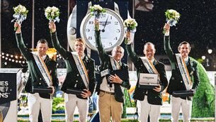 <p>The Irish show jumping team of Shane Sweetnam, Daniel Coyle, team manager Michael Blake, Cian O’Connor and Darragh Kenny on the podium. Pic: Morgan Froment</p>