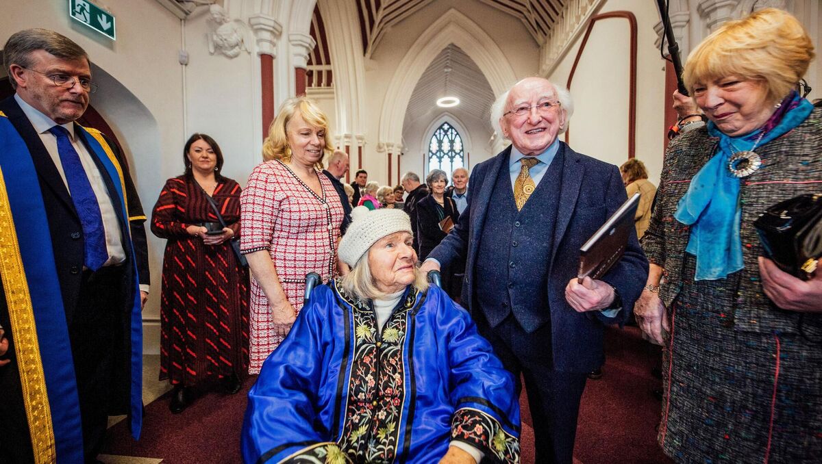 President Michael D Higgins and his wife Sabina are shown around by Imogen Stuart at the official opening of a retrospective exhibition of her works at Mary Immaculate College. File Picture: Brian Arthur