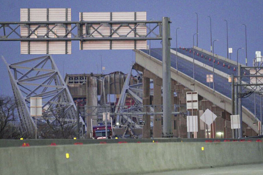 Parts of the Francis Scott Key Bridge remain after a container ship collided with a support. Picture: Jessica Gallagher/The Baltimore Banner via AP