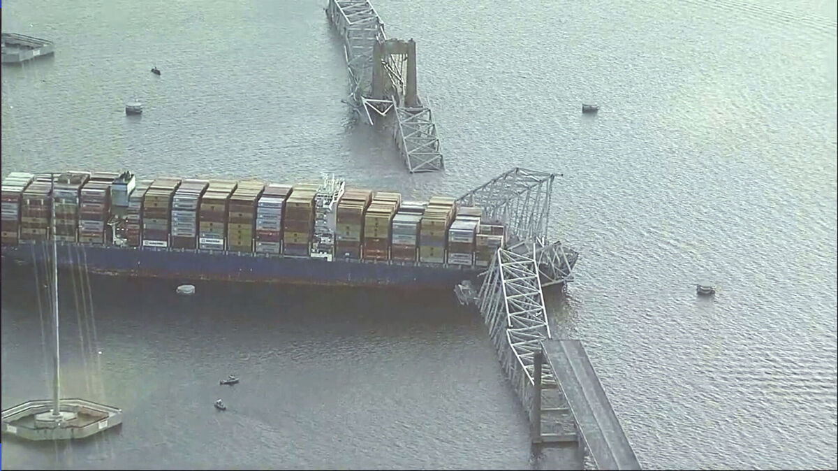 The major bridge in Baltimore snapped and collapsed after a container ship rammed into it. Picture: WJLA via AP