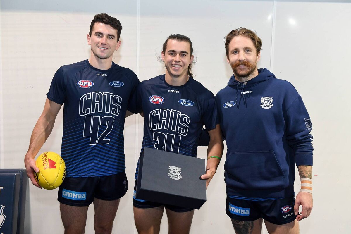 IRISH INFLUENCE: Geelong's Mark O'Connor, Oisin Mullin and Zach Tuohy. Picture: Morgan Hancock/AFL Photos/via Getty Images
