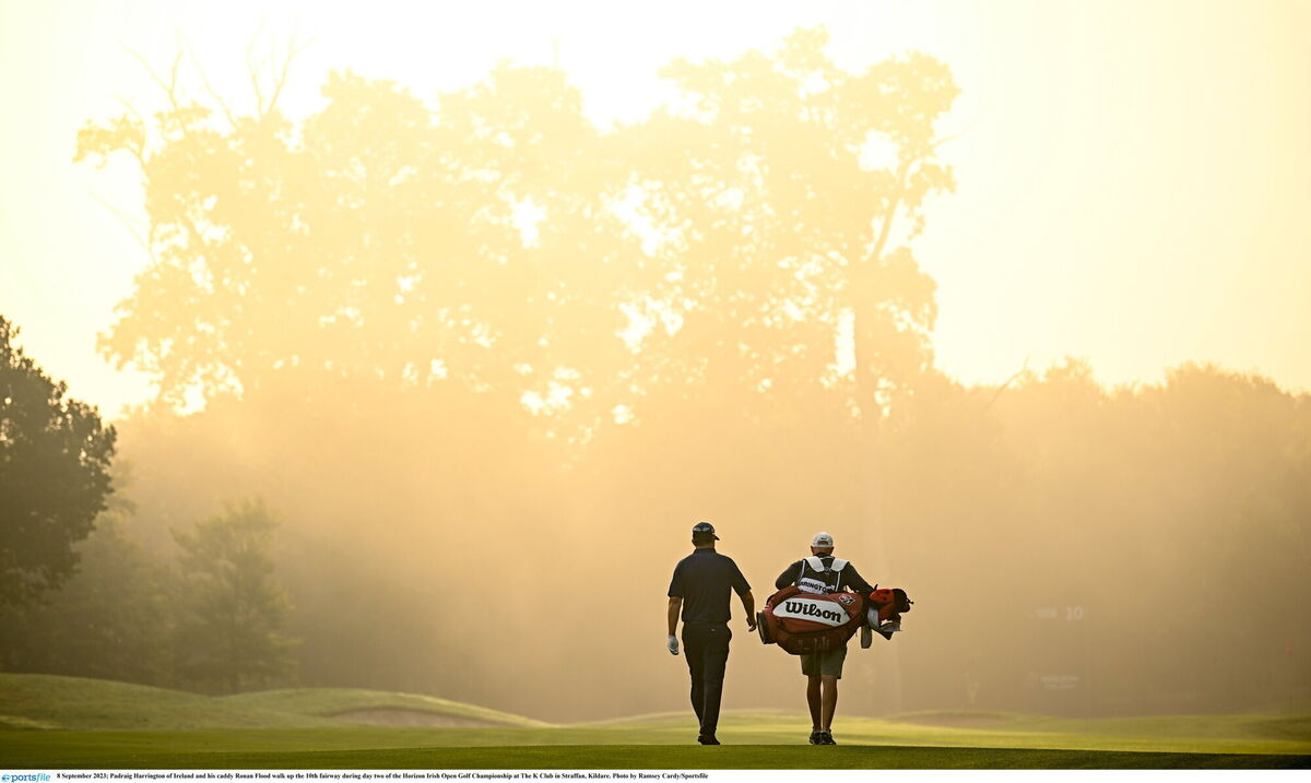 Padraig Harrington of Ireland and his caddy Ronan Flood walk up the 10th fairway during day two of the 2023 Horizon Irish Open at The K Club. Picture: Ramsey Cardy/Sportsfile Padraig Harrington of Ireland and his caddy Ronan Flood walk up the 10th fairway during day two of the 2023 Horizon Irish Open at The K Club. Picture: Ramsey Cardy/Sportsfile