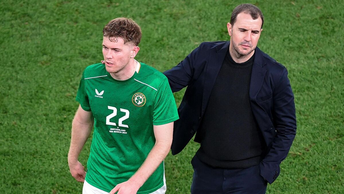 Ireland Interim Head Coach John O'Shea with Nathan Collins after the match. Pic Credit: Tommy Grealy, Inpho.