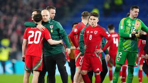 <p>Wales' Dan James dejected after missing a penalty in the shoot-out.</p>