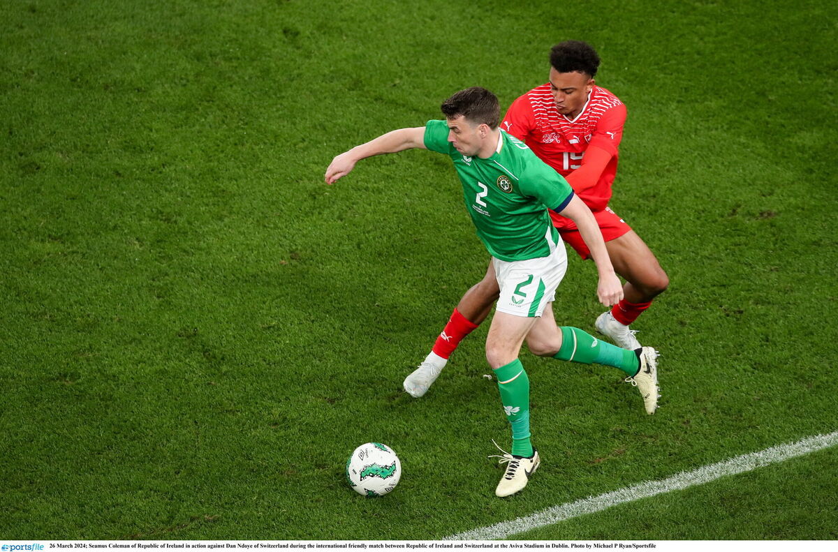 Seamus Coleman of Republic of Ireland in action against Dan Ndoye of Switzerland. Pic: Michael P Ryan, Sportsfile