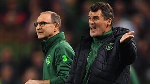 <p>Republic of Ireland assistant manager Roy Keane, right, with manager Martin O'Neill during the UEFA Nations League game against Wales. Picture: Brendan Moran/Sportsfile</p>