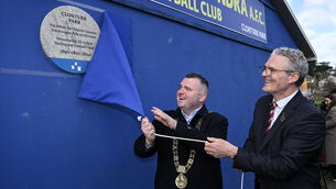 <p>GRAND UNVEILING: Lord Mayor of Dublin Daithí De Róiste and GAA president Jarlath Burns at the unveiling of a plaque by at Clonturk Park in<br class="HardReturn">Drumcondra, commemorating it as the location for the All-Ireland finals of 1890, 1891, 1892, and 1894. Pic: Ray McManus/Sportsfile</p>