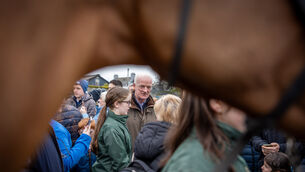 <p>BUYING SMARTER: Trainer Willie Mullins meets locals in the village of Leighlinbridge. Pic: Morgan Treacy, Inpho</p>