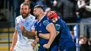 <p>Michael Milne of Leinster celebrates with teammate Josh van der Flier. Photo by Harry Murphy/Sportsfile</p>