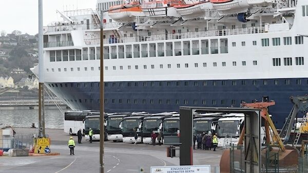 Coaches picking up passengers from the cruise liner Saga Sapphire at the Ro-Ro berth in Ringaskiddy, Co Cork. Picture Dan Linehan
