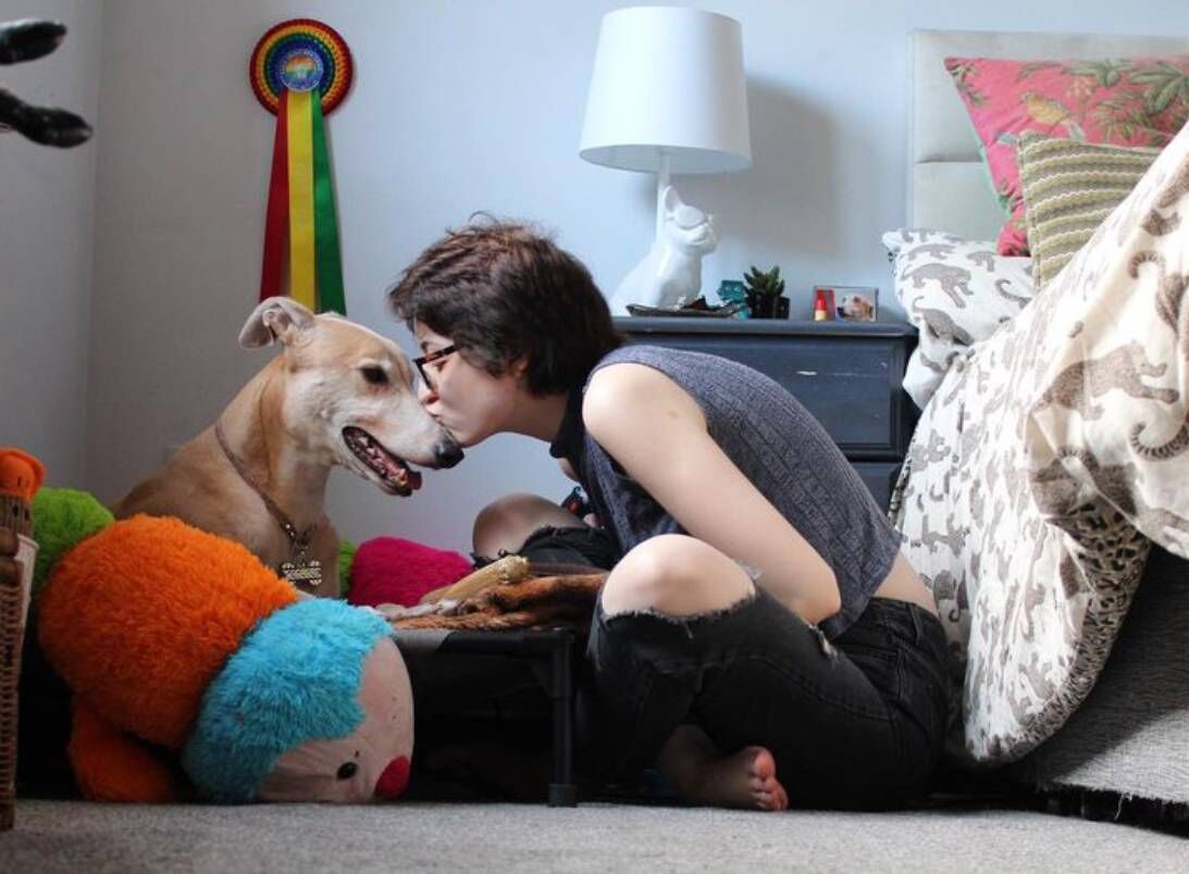 Zoe Doyle Neilon with Robert the greyhound Zoe Doyle Neilon with Robert the greyhound