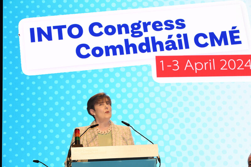 Norma Foley Minister for Education addressing delegates at the Irish National Teachers' Organisation annual congress in Derry. Photo: Moya Nolan