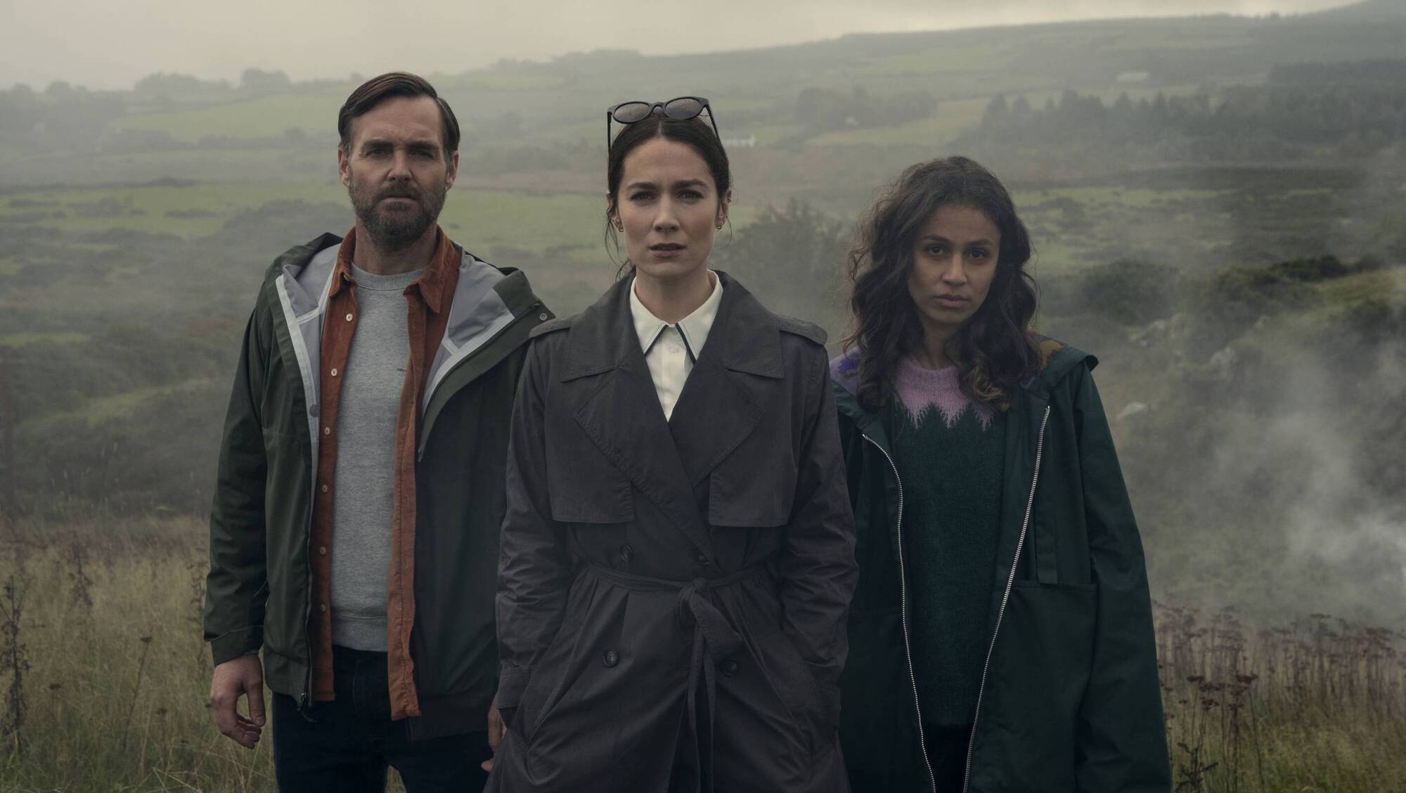 (L to R) Will Forte as Gilbert Power, Siobhán Cullen as Dove, Robyn Cara as Emmy Sizergh in Bodkin. Picture: Enda Bowe/Netflix © 2024