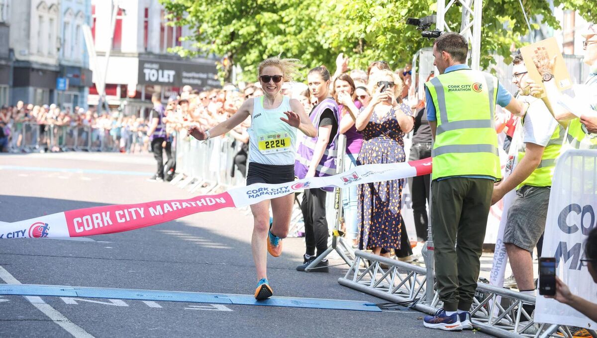 Excitement builds for Cork City Marathon 2024 on June 2nd: Georgie Bruinvels from Surrey crosses the finish line in first place in the women's category at the 2023 Cork City Marathon. Photo: Darragh Kane Excitement builds for Cork City Marathon 2024 on June 2nd: Georgie Bruinvels from Surrey crosses the finish line in first place in the women's category at the 2023 Cork City Marathon. Photo: Darragh Kane