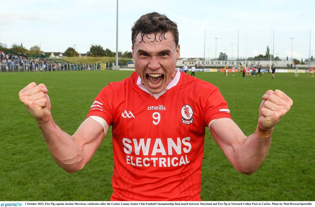 Éire Óg captain Jordan Morrissey celebrates after the 2023 Carlow SFC final victory over Tinryland. Picture: Matt Browne/Sportsfile Éire Óg captain Jordan Morrissey celebrates after the 2023 Carlow SFC final victory over Tinryland. Picture: Matt Browne/Sportsfile