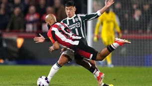 <p>INJURY BLOW: Manchester United's Lisandro Martinez collides with Brentford's Bryan Mbeumo during the Premier League match at the Gtech Community Stadium.  Photo credit: Adam Davy/PA Wire.</p>