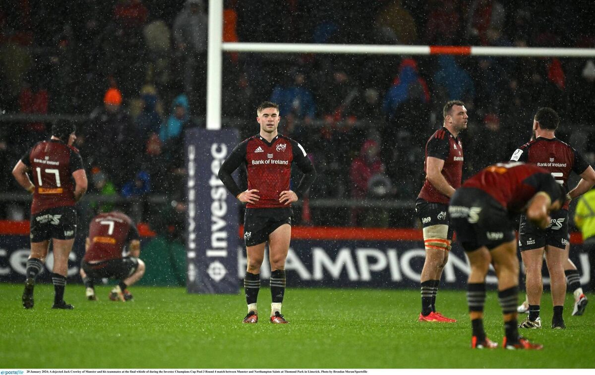 A dejected Jack Crowley of Munster and his teammates at the final whistle of during the Investec Champions Cup Pool 3 Round 4 match between Munster and Northampton Saints. Pic: Brendan Moran, Sportsfile A dejected Jack Crowley of Munster and his teammates at the final whistle of during the Investec Champions Cup Pool 3 Round 4 match between Munster and Northampton Saints. Pic: Brendan Moran, Sportsfile