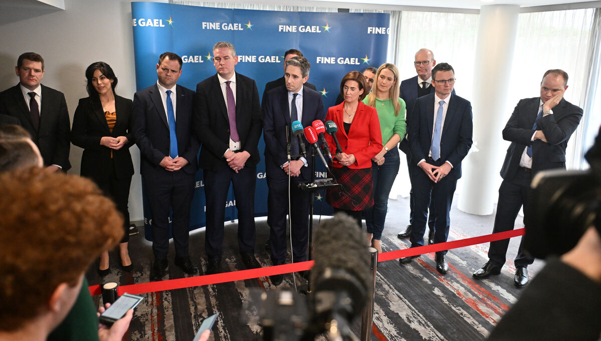 Simon Harris and party members ahead of the Fine Gael ard fheis in Galway. Picture: Dan Linehan