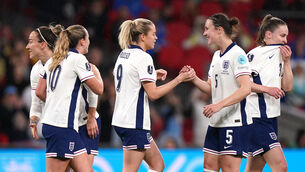 <p>DRAW: Alessia Russo, centre, scored for England. Pic: Bradley Collyer/PA</p>