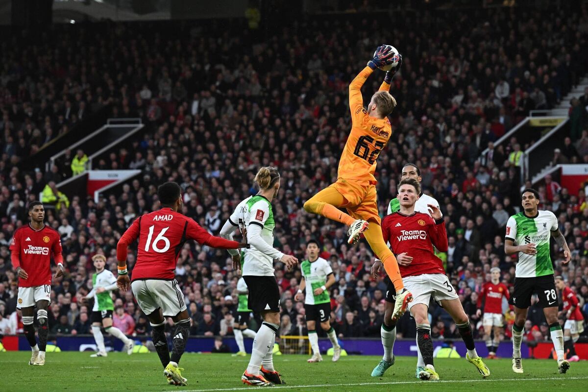 Liverpool's Caoimhin Kelleher during the FA Cup quarter-final defeat by Manchester United at Old Trafford. Photo by Paul ELLIS / AFP Liverpool's Caoimhin Kelleher during the FA Cup quarter-final defeat by Manchester United at Old Trafford. Photo by Paul ELLIS / AFP