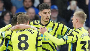 <p>Arsenal’s Kai Havertz (centre) celebrates with team-mates after scoring their side's second goal of the game during the Premier League match at Amex Stadium, Brighton. Picture: Gareth Fuller/PA Wire. </p>