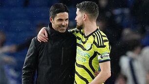 <p>GREAT WORK: Arsenal manager Mikel Arteta (left) with Jorginho following the Premier League match at Amex Stadium, Brighton. Pic: Gareth Fuller/PA Wire.</p>