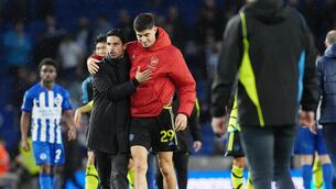 <p>Arsenal manager Mikel Arteta, left, praised the performances of Kai Havertz (Gareth Fuller/PA)</p>
