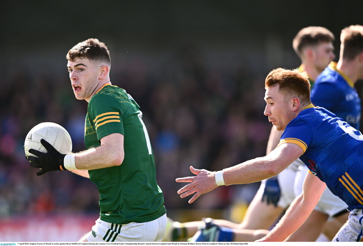 Eoghan Frayne of Meath in action against Ryan Moffett of Longford. Picture: Ray McManus/Sportsfile Eoghan Frayne of Meath in action against Ryan Moffett of Longford. Picture: Ray McManus/Sportsfile