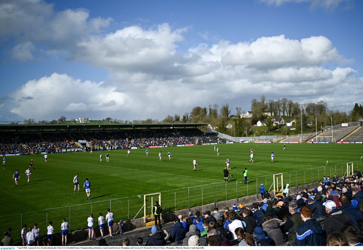A general view of action during the Ulster SFC preliminary round match between Monaghan and Cavan at St Tiernach's Park in Clones, Monaghan. Picture: Ramsey Cardy/Sportsfile