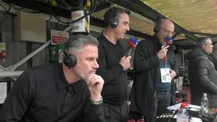 <p>Jamie Carragher and Gary Neville with Peter Drury in the Old Trafford Sky Sports gantry.</p>