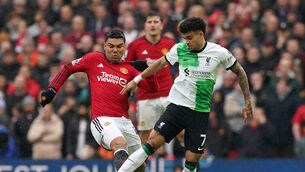<p>Manchester United's Casemiro (left) and Liverpool's Luis Diaz battle for the ball during the Premier League match at Old Trafford, Manchester. Picture: Martin Rickett/PA Wire. </p>