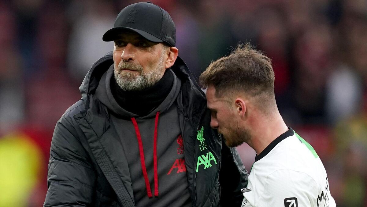 Liverpool manager Jurgen Klopp with Alexis Mac Allister after the Premier League match at Old Trafford. Photo: Martin Rickett/PA Wire. 