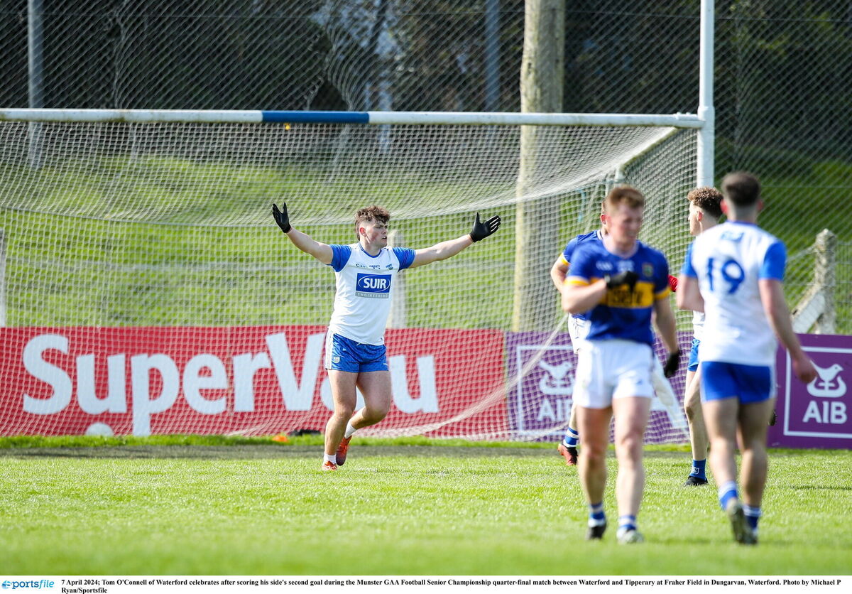 Tom O'Connell of Waterford celebrates after scoring his side's second goal. Photo by Michael P Ryan/Sportsfile