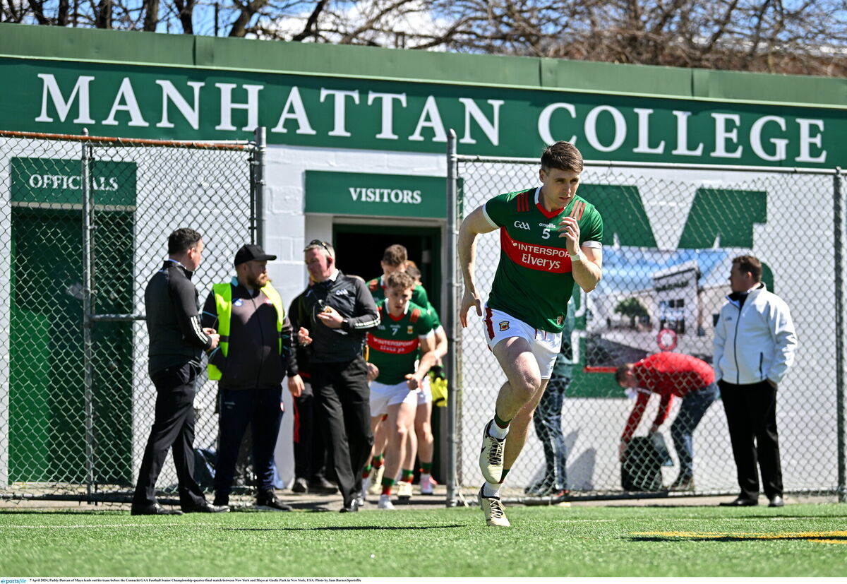Paddy Durcan of Mayo leads out his team. Photo by Sam Barnes/Sportsfile Paddy Durcan of Mayo leads out his team. Photo by Sam Barnes/Sportsfile