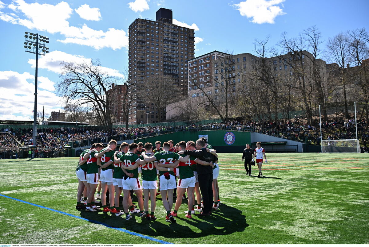 The Mayo team huddle before the Connacht GAA Football Senior Championship quarter-final match between New York and Mayo at Gaelic Park in New York, USA. Photo by Sam Barnes/Sportsfile The Mayo team huddle before the Connacht GAA Football Senior Championship quarter-final match between New York and Mayo at Gaelic Park in New York, USA. Photo by Sam Barnes/Sportsfile