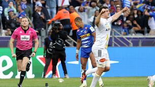 <p>Manie Libbok reacts after missing a late conversion as the Stormers lost by a point to La Rochelle in the Investec Champions Cup Round of 16 match at DHL Stadium in Cape Town. Photograph: EJ Langner/Inpho/Steve Haag Sports</p>