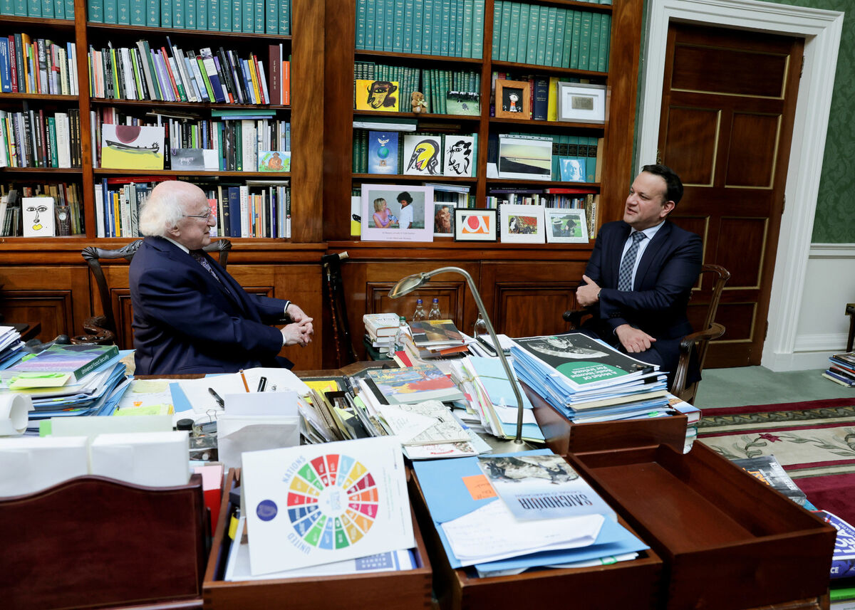 Leo Varadkar with President Michael D Higgins to present his resignation. Picture: Maxwells/PA Wire