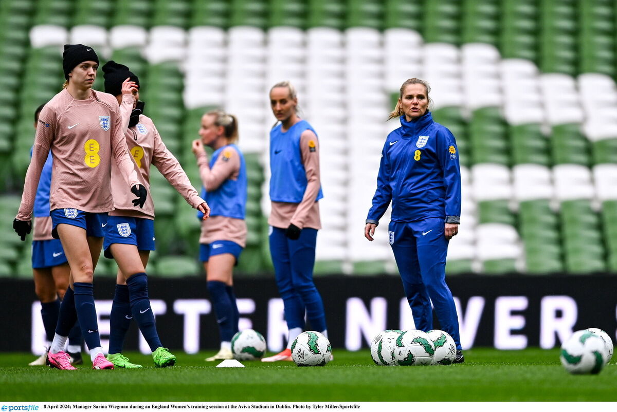 Manager Sarina Wiegman during an England training session at the Aviva Stadium. Picture: Tyler Miller/Sportsfile