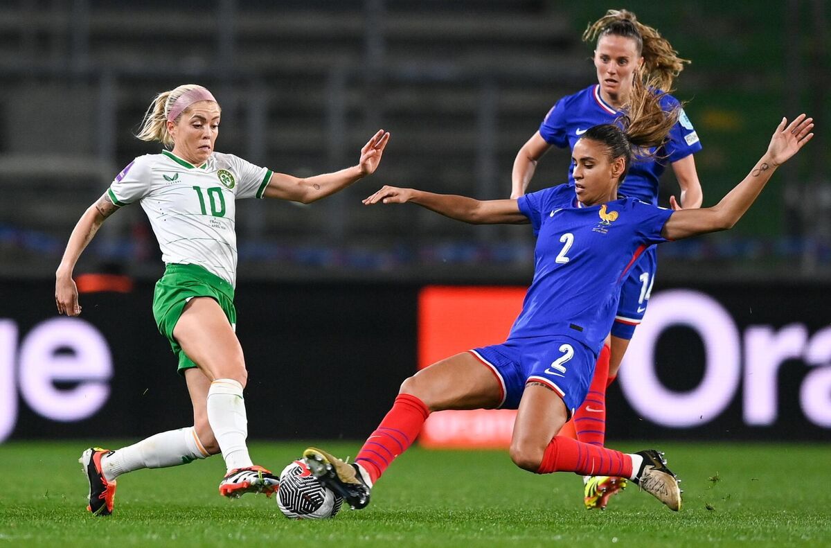 Denise O'Sullivan of Ireland is tackled by Maëlle Lakrar of France. Picture: Stephen McCarthy/Sportsfile