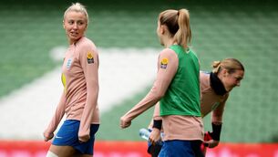<p>England's Leah Williamson at an Aviva Stadium training session. Picture: ©INPHO/Ryan Byrne</p>