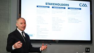 <p>GAA Football Review Committee chairperson Jim Gavin addresses the media. Picture: Seb Daly/Sportsfile</p>