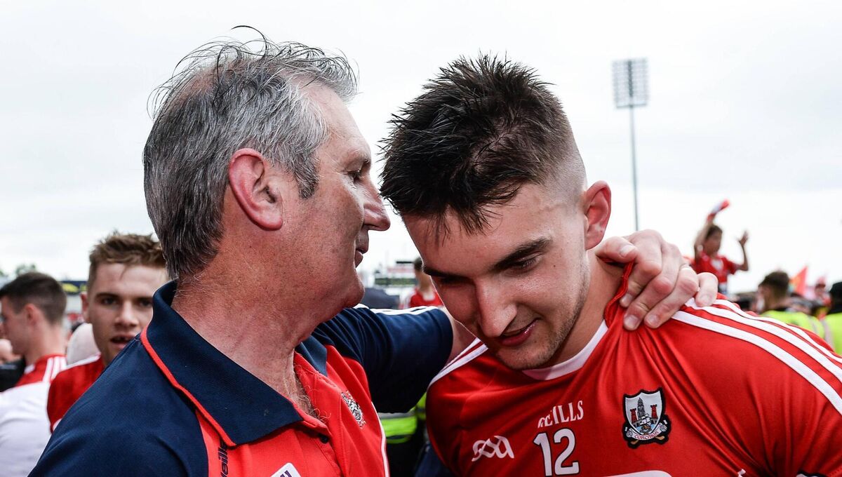 Cork manager Kieran Kingston with his son Shane Kingston after the 2017 Munster SHC final against Clare. Picture: Piaras Ó Mídheach/Sportsfile