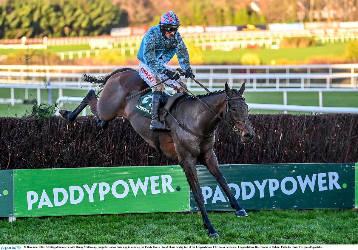 Meetingofthewaters, with Danny Mullins up, jumps the last on their way to winning the Paddy Power Steeplechase at Leopardstown Christmas Festival.  Photo by David Fitzgerald/Sportsfile