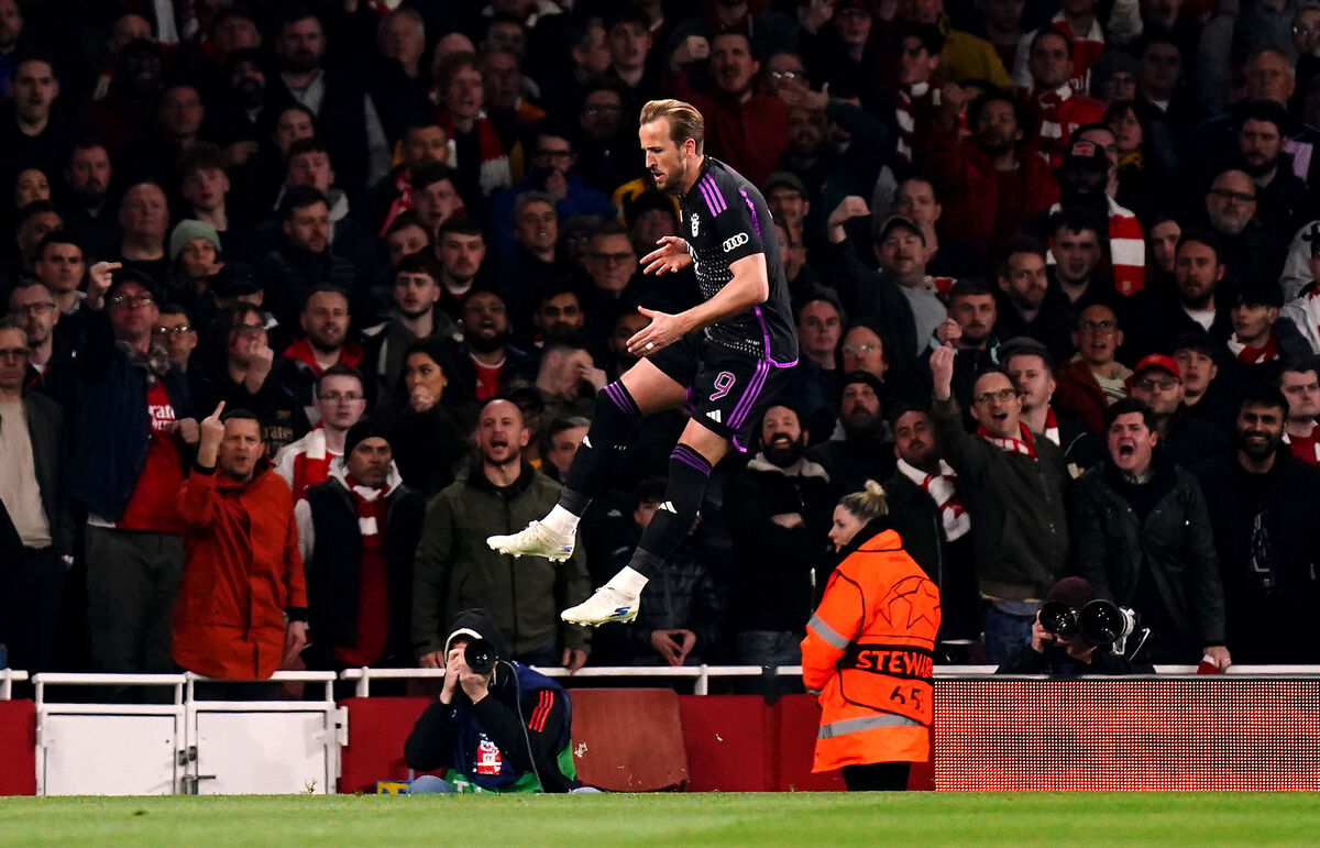 Bayern Munich's Harry Kane celebrates scoring their side's second goal of the game during the UEFA Champions League quarter-final, first leg match at the Emirates Stadium, London. Picture date: Tuesday April 9, 2024. Bayern Munich's Harry Kane celebrates scoring their side's second goal of the game during the UEFA Champions League quarter-final, first leg match at the Emirates Stadium, London. Picture date: Tuesday April 9, 2024.