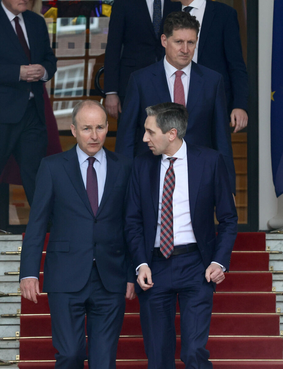 (Left to right) Tánaiste Micheal Martin, Taoiseach Simon Harris and Minister Eamon Ryan on the steps outside Government buildings after Mr Harris announced on Wednesday the most recent Cabinet of the 33rd Dáil. Micheál Martin is the Defence Minister, but that is attached to his two primary roles as Tánaiste and Minister for Foreign Affairs. Photo: Sasko Lazarov / © RollingNews.ie