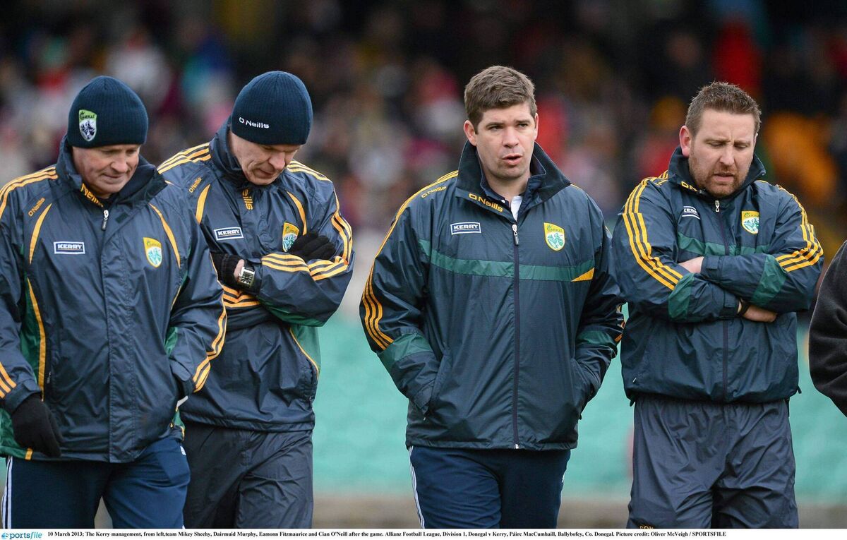 ANSWERS ON A POSTCARD: Brainstorming in Balybofey, from left Mikey Sheehy, Dairmuid Murphy, Eamonn Fitzmaurice and Cian O'Neill ANSWERS ON A POSTCARD: Brainstorming in Balybofey, from left Mikey Sheehy, Dairmuid Murphy, Eamonn Fitzmaurice and Cian O'Neill